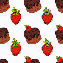 Bakery colored seamless pattern with pastry. Cakes, donuts, buns and strawberries.