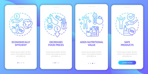 Advantages of gmo blue gradient onboarding mobile app screen. Food issues walkthrough 4 steps graphic instructions pages with linear concepts. UI, UX, GUI template. Myriad Pro-Bold, Regular fonts used