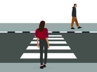 Female character and male character on the sidewalk near the crosswalk