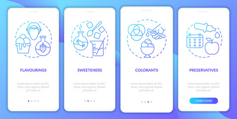 Food additives blue gradient onboarding mobile app screen. Walkthrough 4 steps graphic instructions pages with linear concepts. UI, UX, GUI template. Myriad Pro-Bold, Regular fonts used