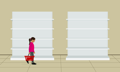 A little girl with an empty grocery basket in her hand walks past the empty shelves in the store