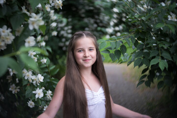 Fototapeta premium A beautiful girl with long hair stands in the flowering bushes of Philadelphus coronarius.