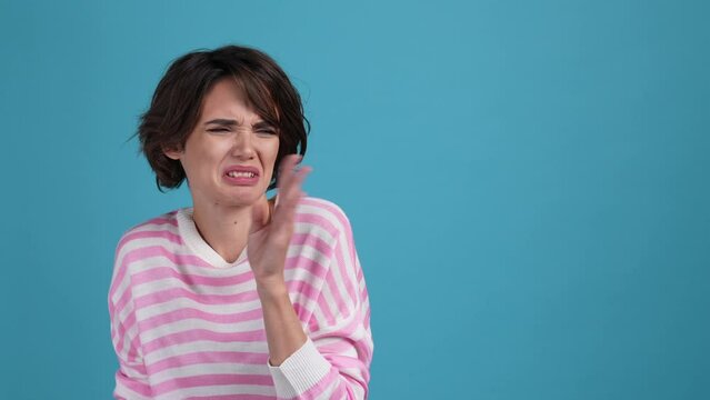 Lady frustrated try avoid ignore bad smell isolated sky light color background