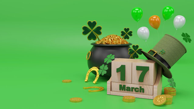 Happy St. Patrick's Day greeting Podium, beer glass and green hat on bright green background. 3d Rendering