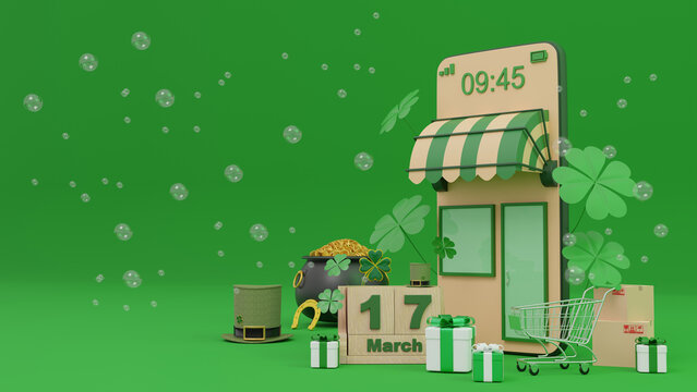 E-commerce concept on St. Patrick's Day, Shopping online and delivery service on mobile application., 3d rendering.