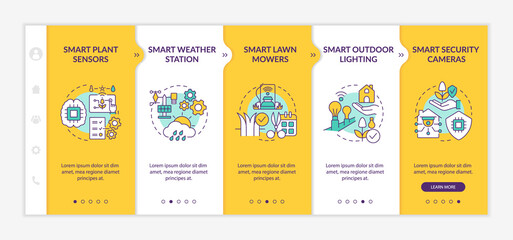 Smart devices for gardening yellow onboarding template. Outdoor lighting. Responsive mobile website with linear concept icons. Web page walkthrough 5 step screens. Lato-Bold, Regular fonts used