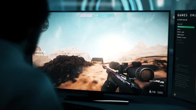 Internet Multiplayer Gaming On PC. Defeat In Internet Battle Match. Player Controls Sniper Soldier Character While Gaming Online On Modern PC. Gaming On High-End PC. Internet Military Simulator