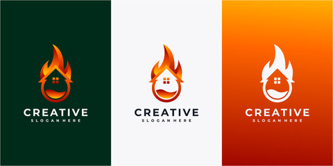 Fire and flame logo design with house and home concept. Fire House Icon Logo Design Element © anastasya