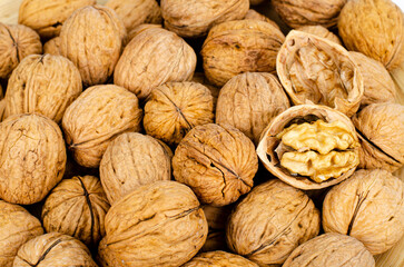 tasty Unpeeled walnuts, background, texture. Studio Photo