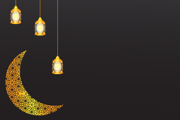 Ramadan background. Crescent moon design with gold ornament and burning lantern. black pattern with loose gold bright sequins. Arabic calligraphy text Ramadan Kareem 
