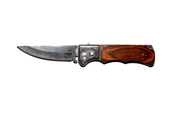 Folding switchblade knife with a button.Switchblade knife on a white background.Folding knife with wooden handle.