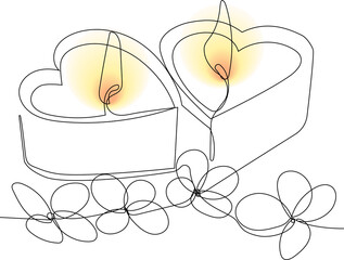 Continuous one line drawing of sromantic relaxing atmosphere, lighted candles with a sprig of flowers. Vector illustration for your minimal design.