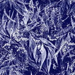 Watercolor seamless pattern. Branch with berry Watercolor background, drawing with autumn leaves, plants, berries, branches of linden, aspe. Spikelet, wheat, wild grass. tansy, immortelle, wild herbs