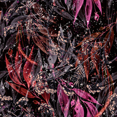 Watercolor seamless pattern. Branch with berry Watercolor background, drawing with autumn leaves, plants, berries, branches of linden, aspe. Spikelet, wheat, wild grass. tansy, immortelle, wild herbs