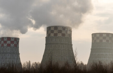 Industrial zone with pipe thick white smoke is poured from the factory chimney. Close up