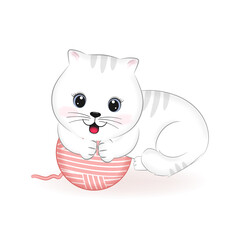 Cute white cat playing with a pink ball of yarn