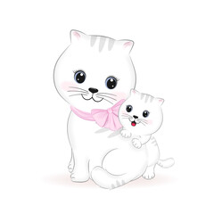 Cute Mom and little cat animal cartoon illustration