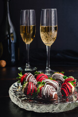 Chocolate Covered Strawberries and Pineberries with Champagne: Candied berries with flute glasses...
