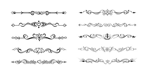 Set of ornate vignettes, text delimiters, dividers, page bottom decorative lines, borders. Hand-drawn elements