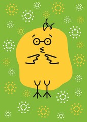 Easter cartoon chick on green background. Easter card vector image. Line art. 