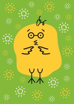 Easter cartoon chick on green background. Easter card vector image. Line art. 