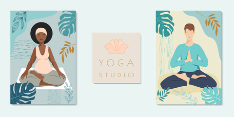 Obraz premium Yoga studio poster. People practicing lotus asana. Logo and copy space Horizontal vector illustration