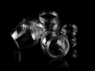 Empty glass jar isolated on black  