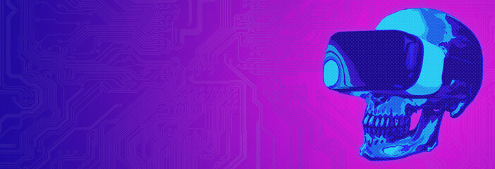 Human skull wear virtual reality goggles illuatration, web 3 headset. Metaverse context. Horizontal banner purple gradient with copy space, place for text or text area