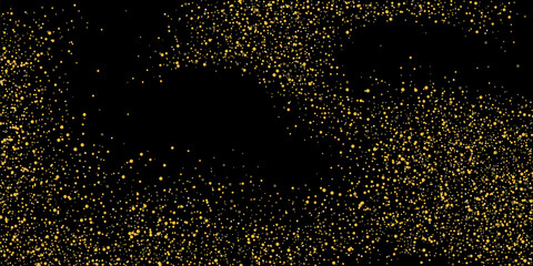 Gold glitter confetti on a black background. Shiny sand particles are scattered. Decorative items. Luxury background for your design, greeting cards, invitations, vector