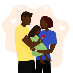 Husband and wife hug with a baby in their arms. The concept of protecting black children and families. Cute vector illustration for a holiday poster, greeting card or banner.