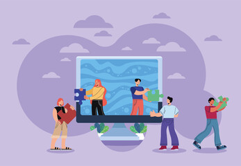 teamworkers with puzzle in desktop