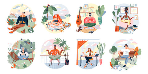 Fototapeta premium People relax in zen pose set, sitting in lotus position, relaxing in office, home or park