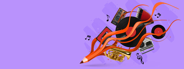 Modern design. Contemporary art collage. Idea, inspiration, aspiration and creativity. Flying drawn pencil with retro music objects. Concept of vintage, music, nostalgia
