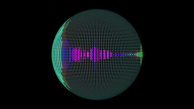 Abstract audio wave spectrum sphere moving at black background. Seamless loopable background.