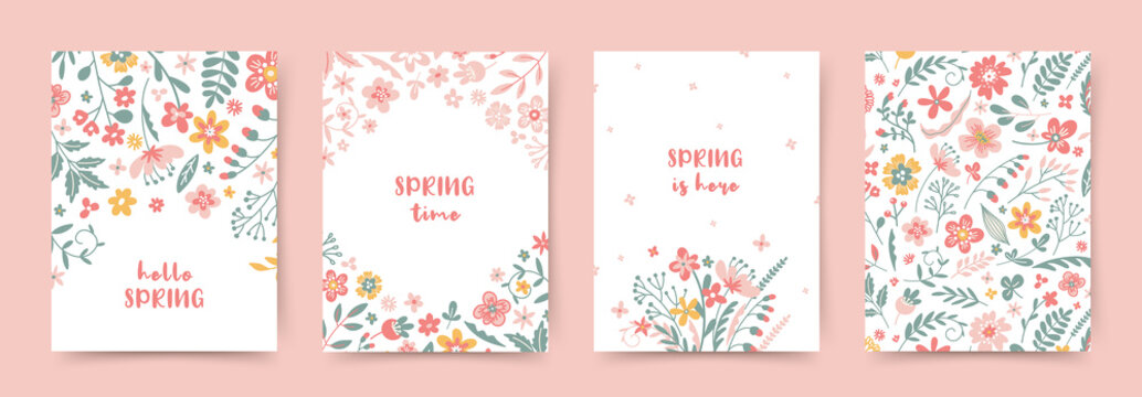 Spring card templates with cute hand drawn flowers. Editable vector illustration for greeting card, invitation, banner, website, social media post and stories