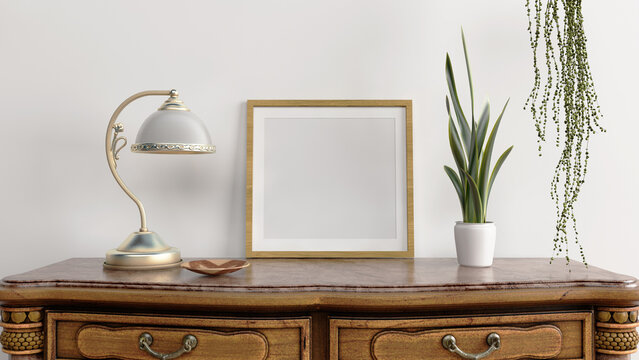 Square blank frame mockup in living room interior with indoor plants on empty white wall background. 3D rendering. 3D illustration.