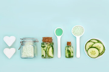 Cucumber natural cosmetic beauty treatment with fresh slices, soap, gel and ex foliation salts....