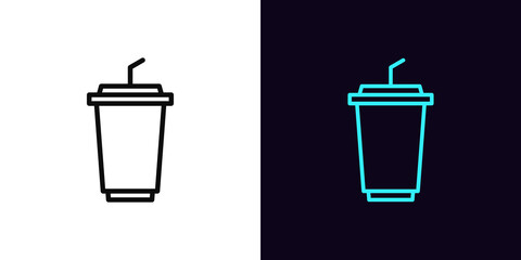 Outline drink icon, with editable stroke. Takeaway drink cup with straw, paper glass pictogram