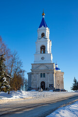Fototapeta na wymiar The bell tower of the old Resurrection Cathedral close-up. Kashin, Tver region, Russia