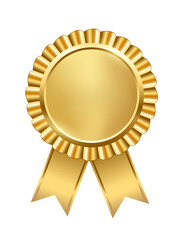 Gold award badge with ribbon vector illustration. 3d realistic circle shiny emblem trophy for win achievement, label sticker for quality exclusive choice isolated on white background.
