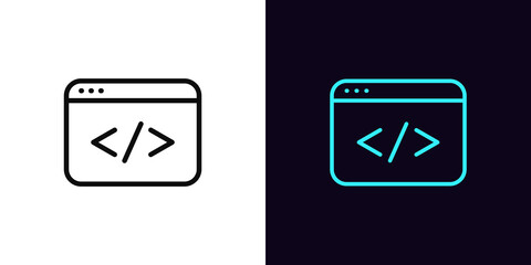 Outline coding icon, with editable stroke. App window sign with code, web development pictogram - obrazy, fototapety, plakaty