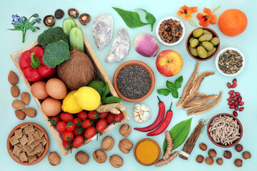 Large collection of healthy immune boosting health food with medicinal herbs and spice. High in antioxidants, anthocyanins, protein, fibre, smart carbs, vitamins, minerals and omega 3. 
