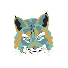 Lynx head, wild northern cat illustration.Bright color abstract spots, pop art painting. Vector snout or muzzle of angry animal hunter, wild canine profile.