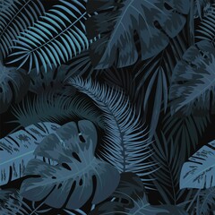 Palm Monstera tropical seamless pattern.Night Summer Background.