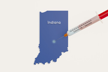 US state Indiana and a COVID 19 syringe as symbol for vaccination of people in the state Indiana. SARS-CoV-2 and COVID 19 pandemic concept. 3D illustration