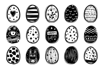 Hand drawn black and white eggs set isolated on white background.  Happy Easter vector illustration. Creative abstract drawings on Easter eggs. Сan be used as graphic elements for your design 