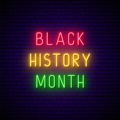 Black history month celebration neon banner. African American heritage celebration in USA and Canada. Glowing signboard with text in African colors green, red, yellow.