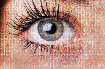 female eye composite with thousands of human faces, social media and big brother observing our...