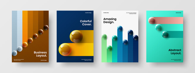 Vivid 3D spheres banner layout composition. Geometric corporate cover A4 design vector template bundle.