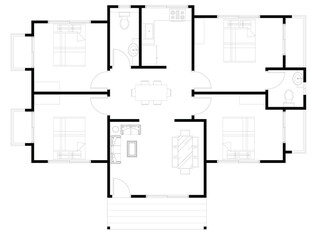 House layout plan with 4 bedrooms and 2 bathrooms with basic furniture. Each room has its own balcony. 2D CAD drawings and in black and white.
